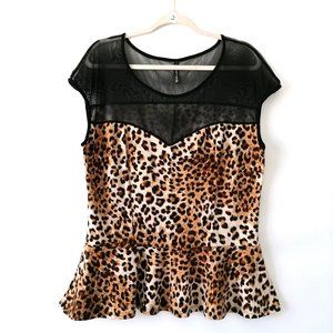 Iris Design Beige Round Neck Short Sleeve Leopard Print Blouse Top Size 2XL